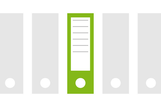 News-Icon Projektordner Icon einer Reihe grauer Ordner, von denen einer grün hervorgehoben ist